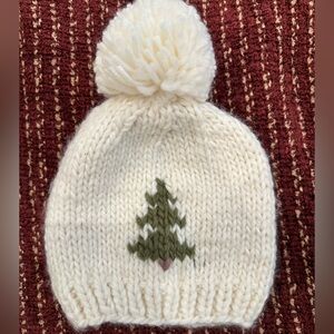 Cream and Green Knit Pom-Pom Hat